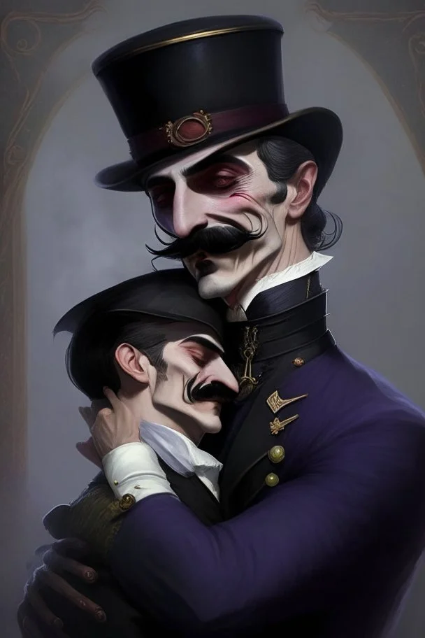 Strahd von Zarovich with a handlebar mustache wearing a top hat hugging a Harengon