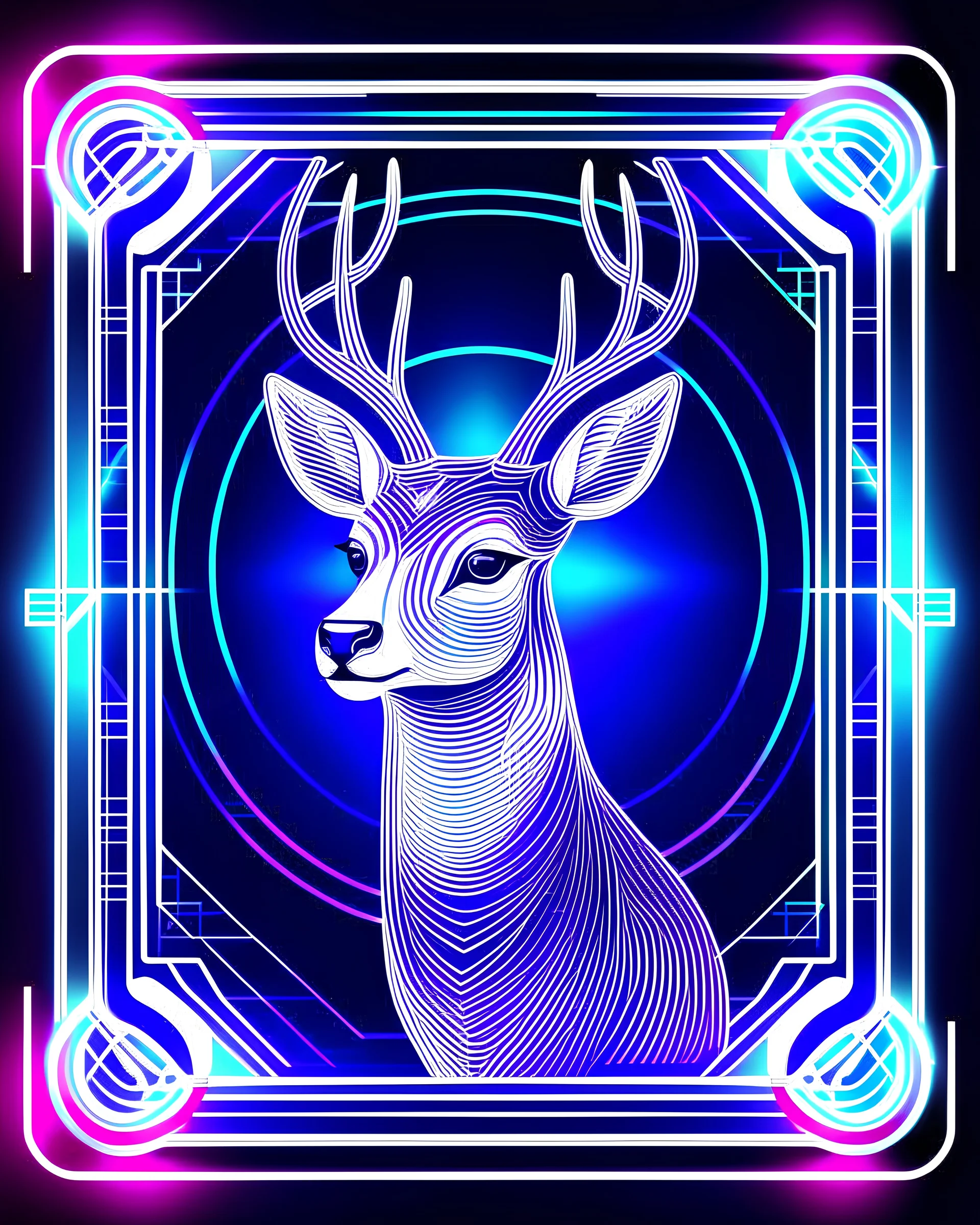 coloring pages:Envision a digital artwork of a deer outlined in neon colors on a coloring page, surrounded by a futuristic rectangular frame with holographic patterns. This modern interpretation combines the traditional joy of coloring with a touch of technological wonder.
