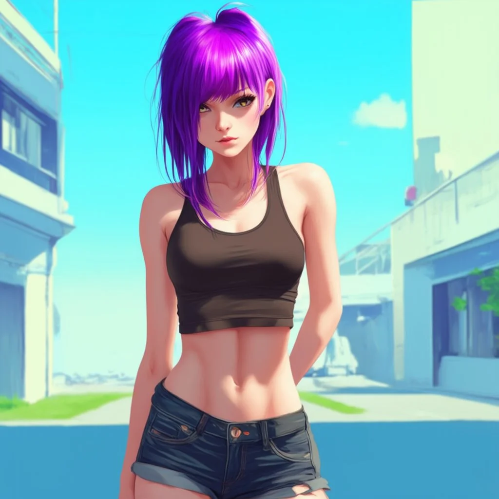 a pretty girl, skinny, relaxed, tank top, purple hair, digital art