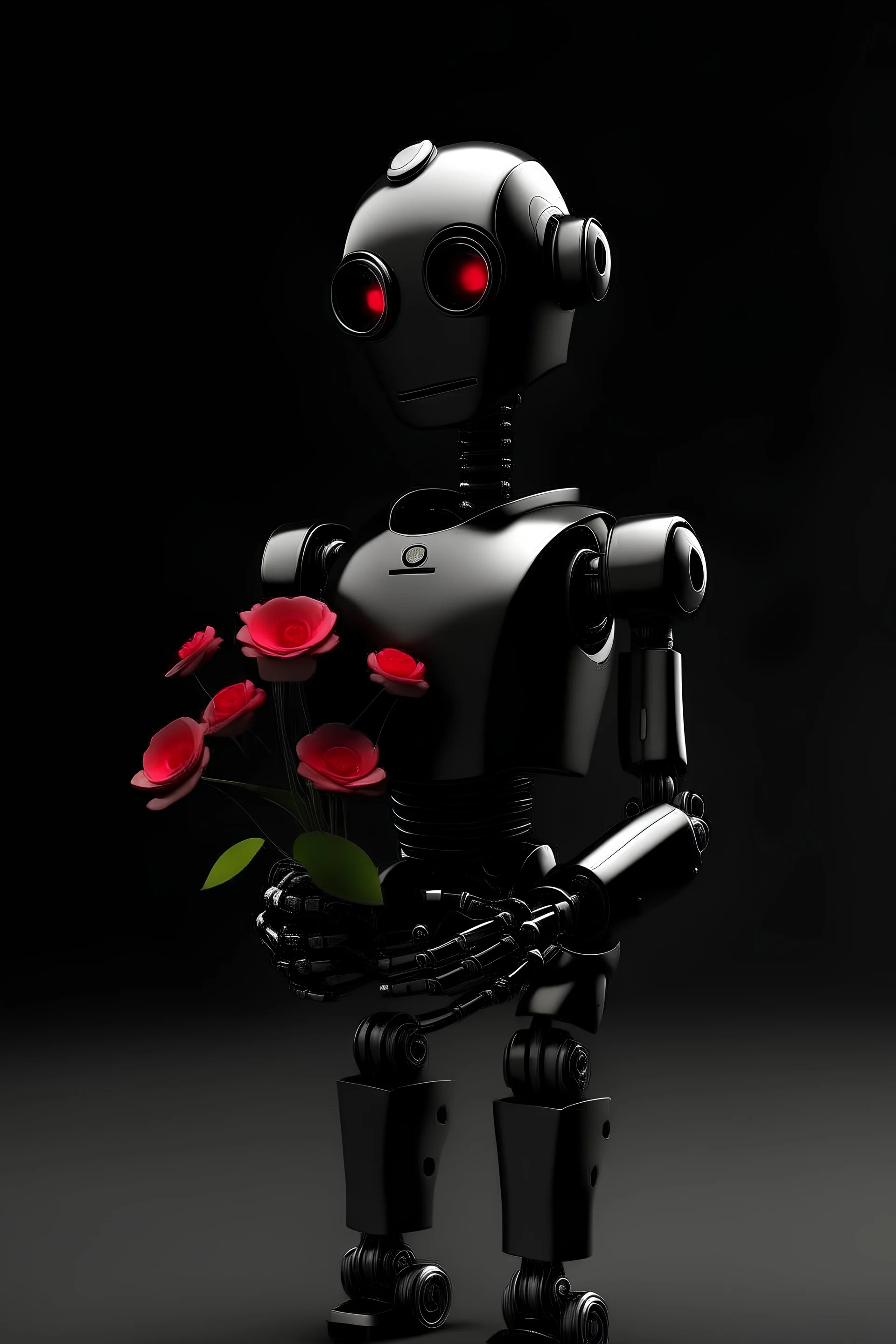Robot holding heart with flowers inside, contemporary art, not so perfect, black