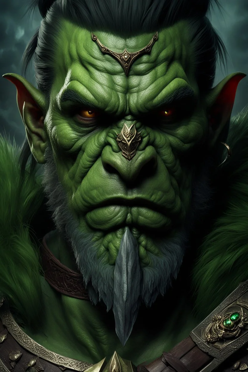 portrait of a green skinned orc warrior. braided hair. wearing ornaments. Carrying a battleaxe. High resolution. 4K. 8K. Fantasy style.