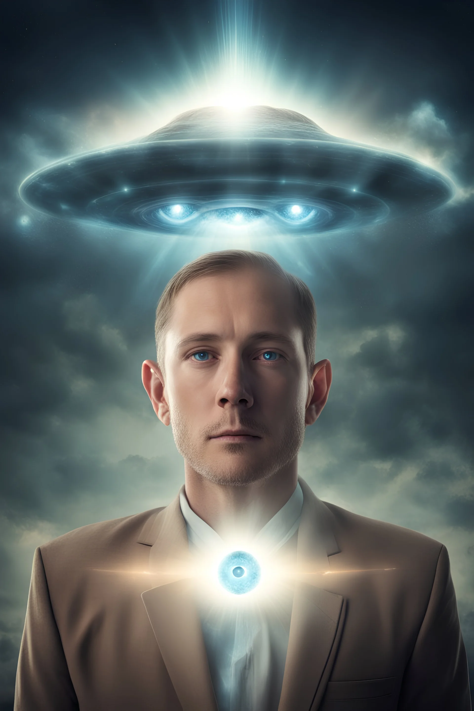 En enlightened man with 3rd eye surrounded by ufo's