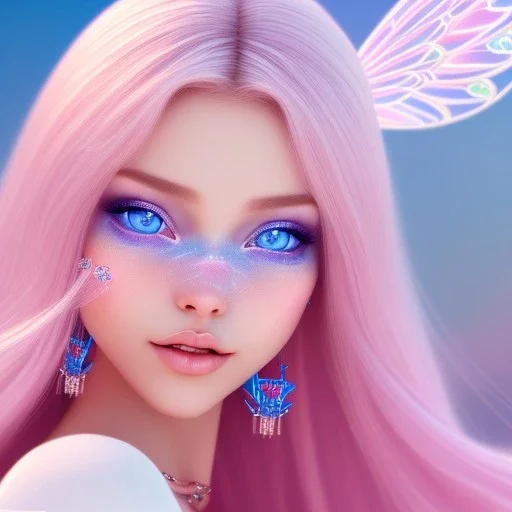  beautiful, soft, whide smile face,whole head, long blonde straight hair, blue eyes, fairy wings on the back, transparent crystal blue and pink clothes, background blue and pink, big definition, 8K