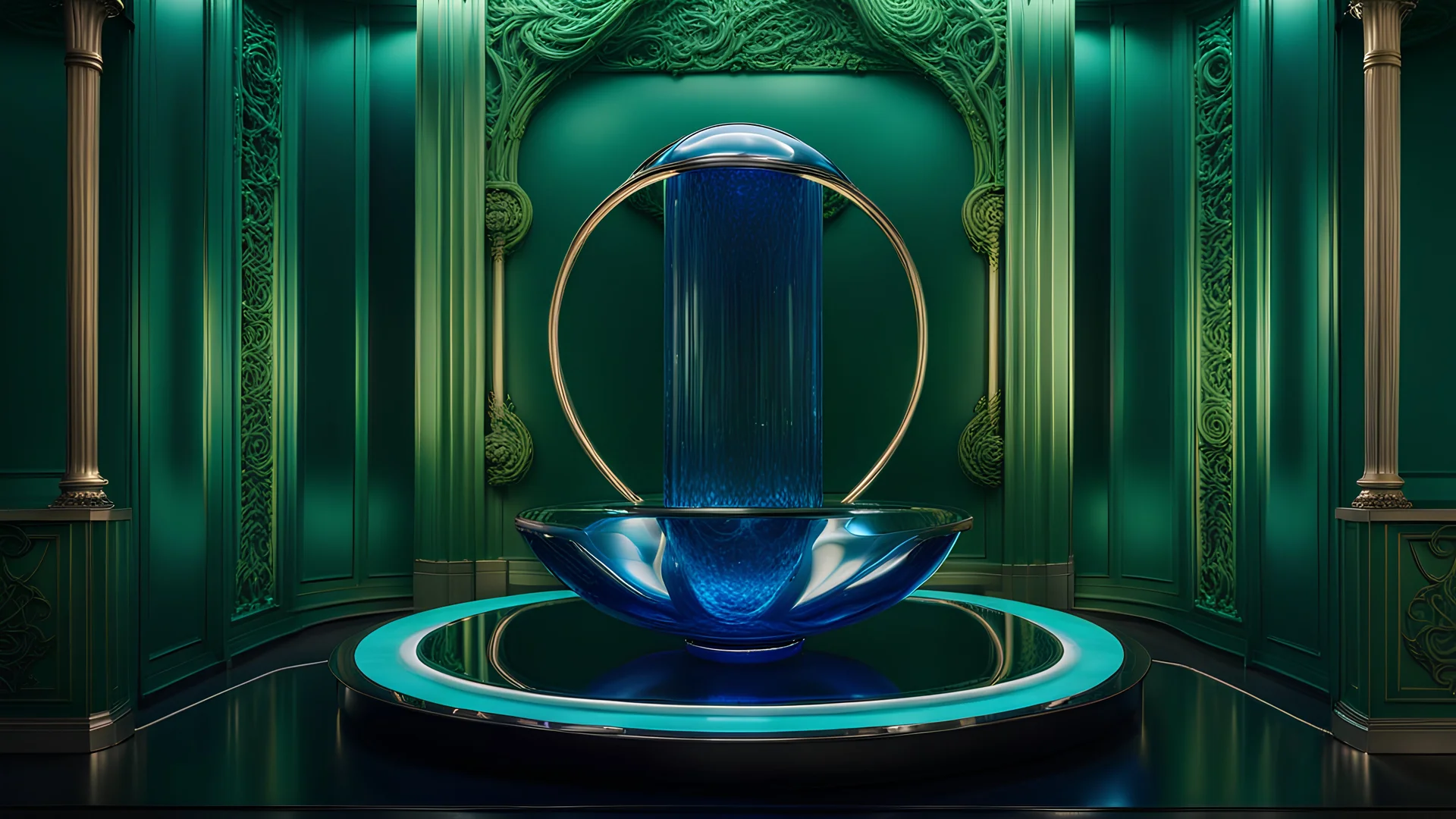 High-end, Die Partei sculpture Clifford torus, green blue glass 4th dimensional liquid space, awesome cinematic-quality photography, symmetrical Four-dimensional space (4D) Art Nouveau-visuals, Vintage style with Octane Render 3D technology, hyperrealism photography, (UHD) with high-quality cinematic character render, Insanely detailed close-ups capturing beautiful complexity, hyperdetailed, intricate, 8k