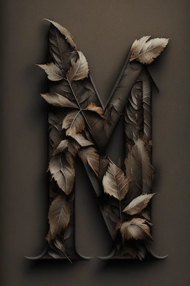 letter 'M' black colour, aesthetic, with brown leaf