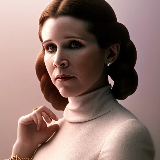 extremely detailed 8k hyperspace wallpaper,complete and photo realistic detailed head to waist stunning photo realistic portrait of carrie fisher as Princess Leia in star wars with photo realistic fine, simple, symetric coiffed hair, brown eyes, professional majestic photo realistic painting by Ed Blinkey, Atey Ghailan, by Jeremy Mann, Greg Manchess, Antonio Moro, trending on ArtStation, Intricate, High Detail, Sharp focus, dramatic, by greg rutkowski,