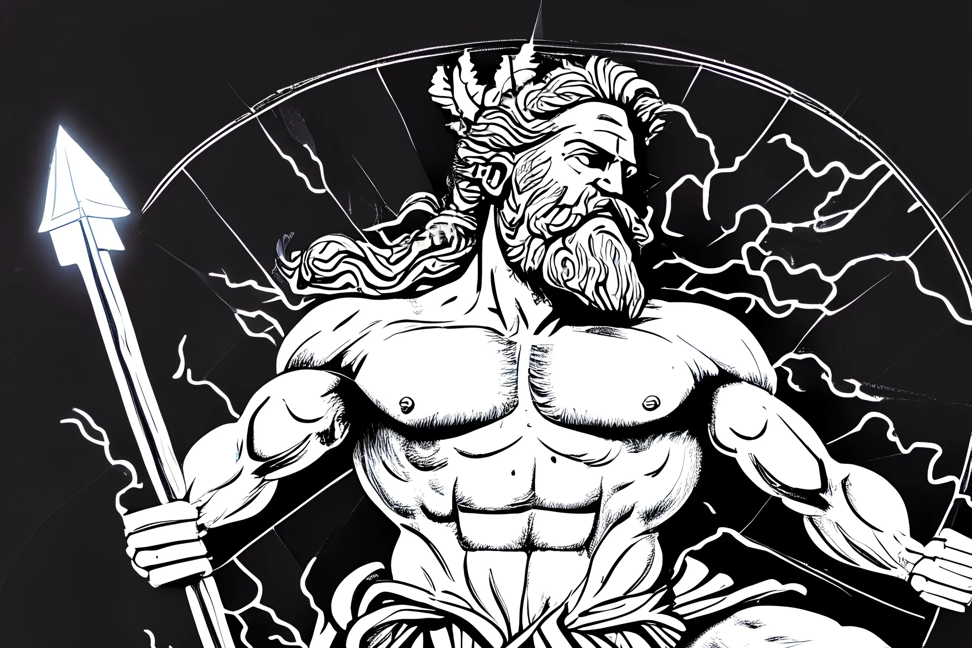 Detailed and realistic illustration of Greek god Zeus holding holding lightning in front of him Vintage style illustration. Red and white lightning. Ultra high resolution. Muscular, low fat percentage.