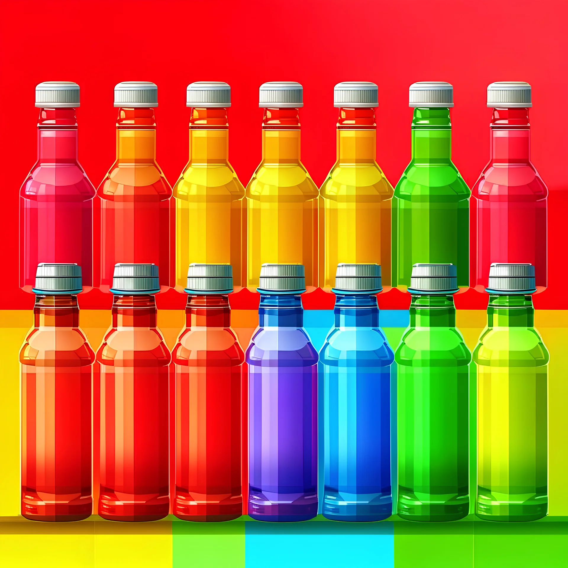 crea una ilustración de botellas de plástico con los colores del arcoíris, intercala los colores