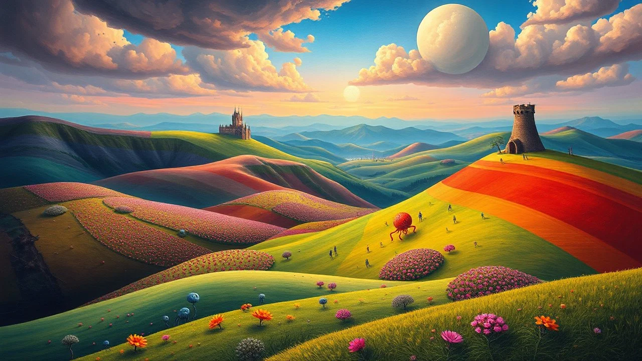 Surreal landscape art, rolling hills with colorful alien meadows, dreamlike atmosphere, vibrant colors, painted in the style of Salvador Dali and Hieronymus Bosch, long shot perspective