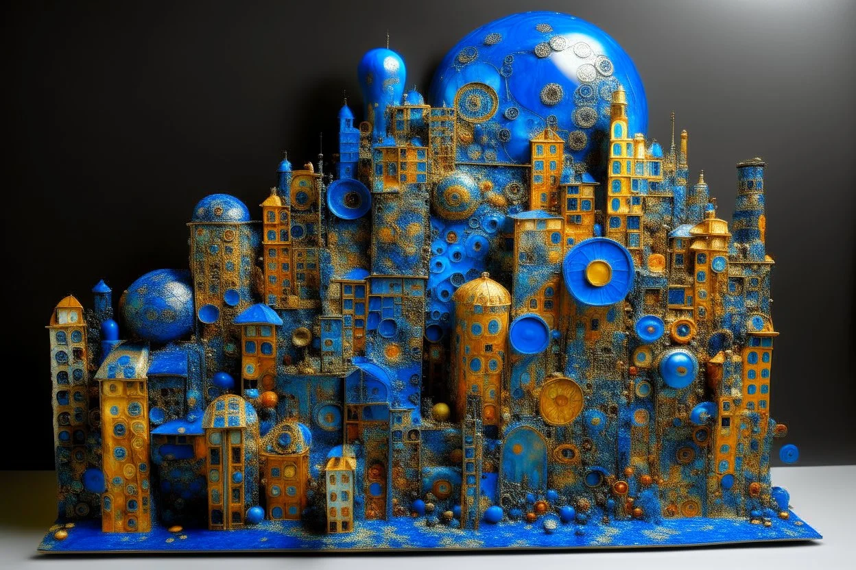 A blue city near a metropolis designed in Maori sculptures painted by Gustav Klimt
