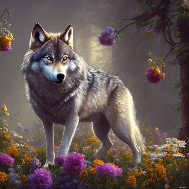 a wolf standing among flowers, sunlit, flickering light, stunning, beautiful, sharp, crisp, 8k resolution, centered, high-quality, ultrafine-detail, digital art, detailed matte, volumetric lighting, illustration, 3D octane render, brian froud, howard lyon, ben goossens, George Grie, alphonse mucha