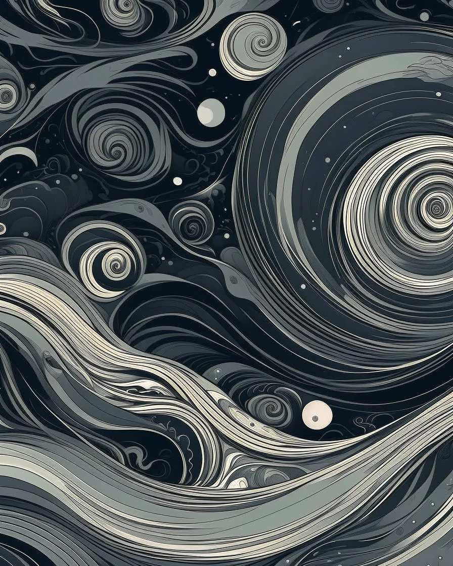 A gray swirling outer space with warped galaxies in art deco art style