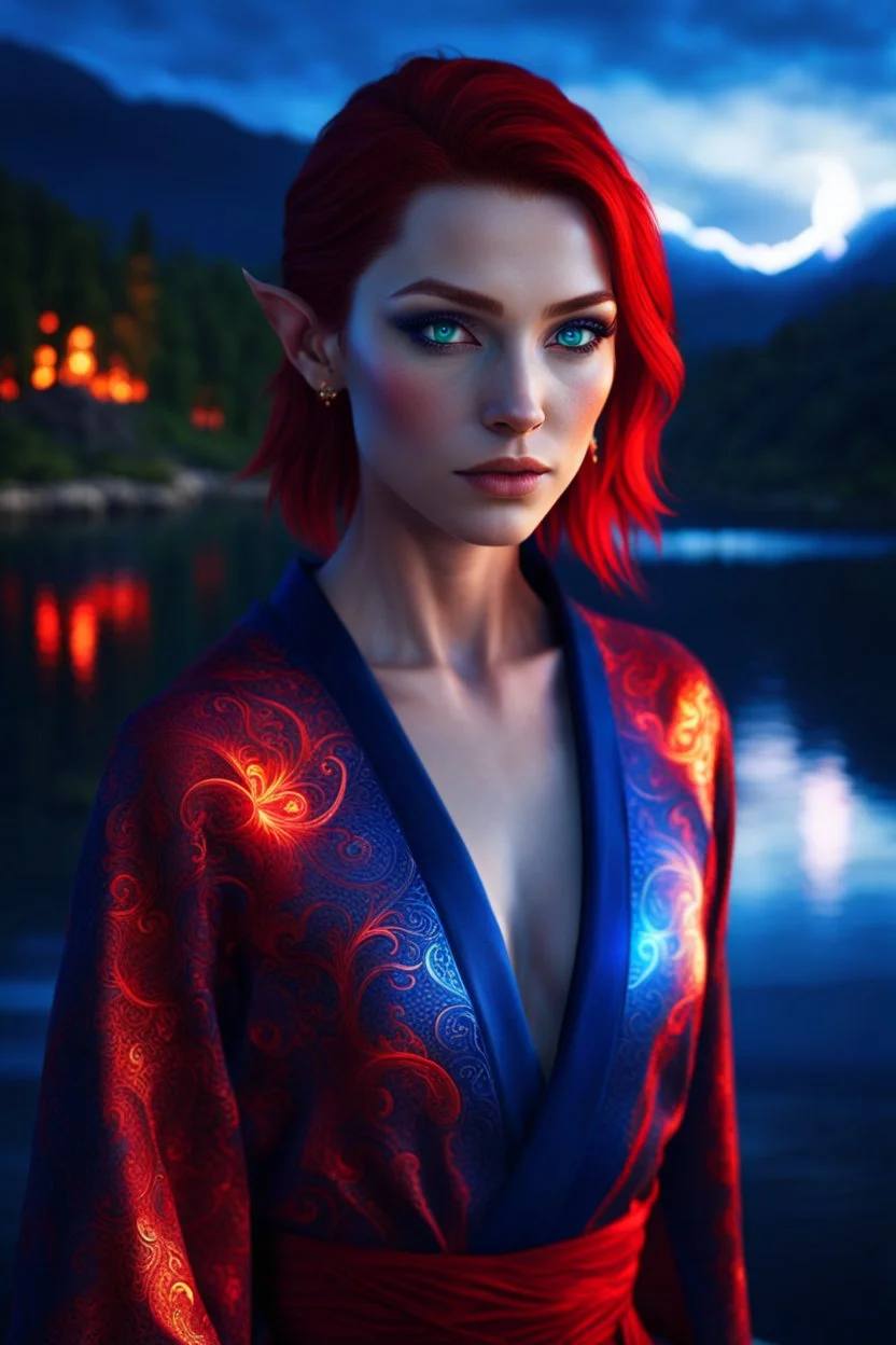 detailed blue eyes, female half elf, red sleek short lob hairstyle, detailed glowing ornamental magical pattern robe, glowing gem crackling with lightning implanted on robe, 8k, high detail, lake background, midnight, facing viewer, front facing