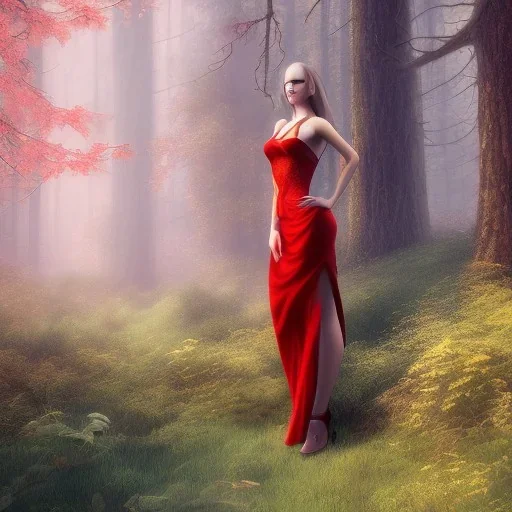 Girl with long red dress in a magic forest, fantasy style, surrealism, 8k