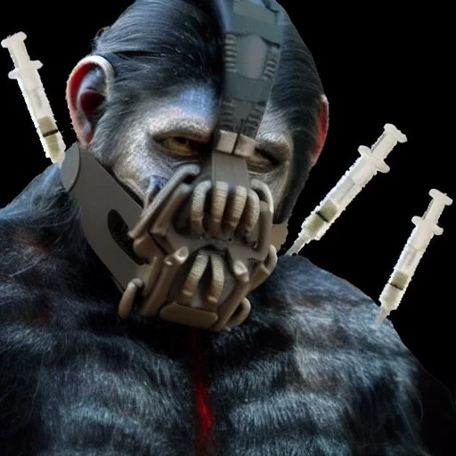 Ape earing Bane mask, visually stunning, trending on sci-fi forums and websites, explores the limits of technology and humanity, thought-provoking theme