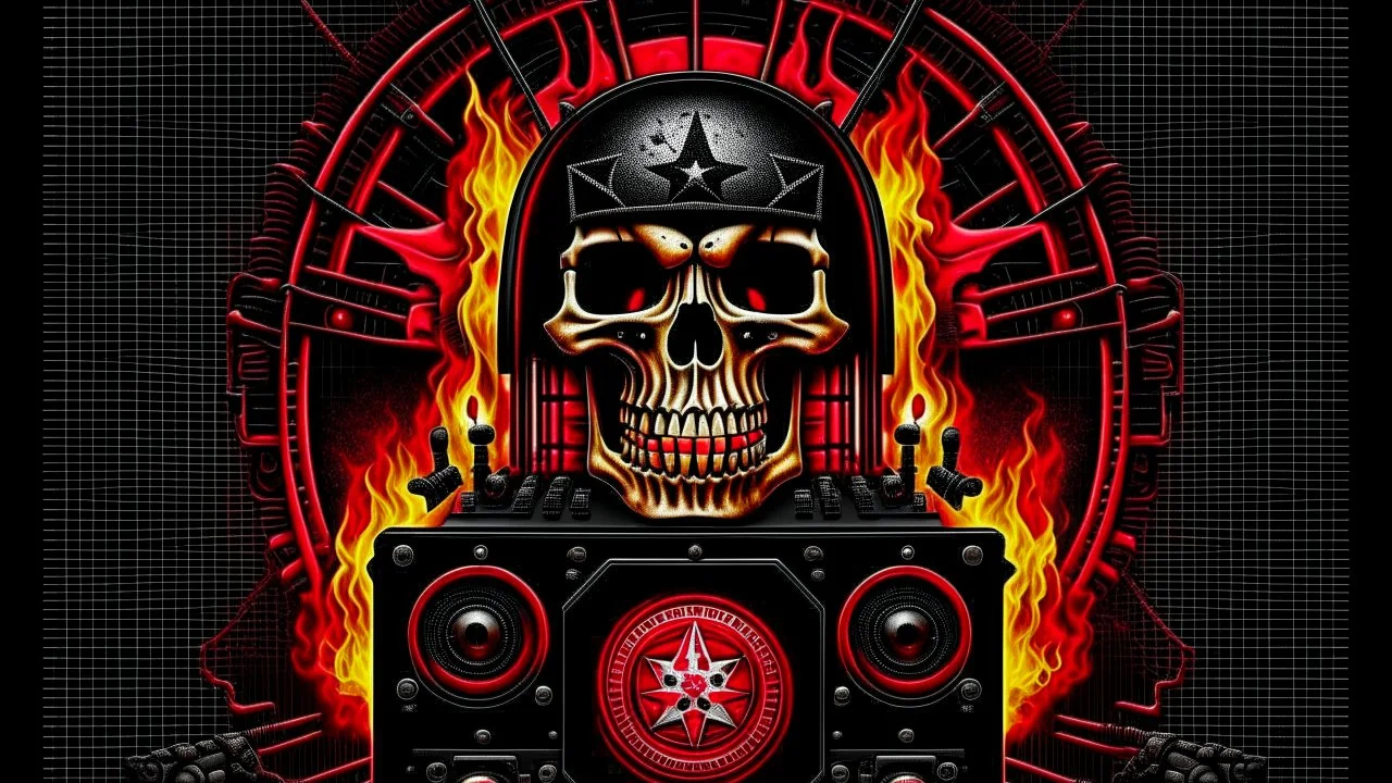 4k full detail, realistic, émission radio hardrock pentagram firestarter terminator tribute to Black sabbath flammes en fond