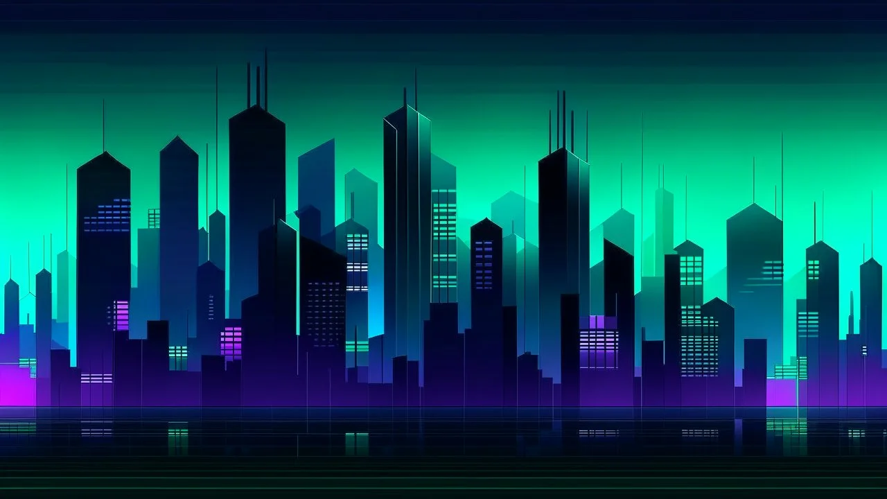 Digital and poly illustration of a minimalist and digital city with a dark background and gradients with light blue, light green, and purple.