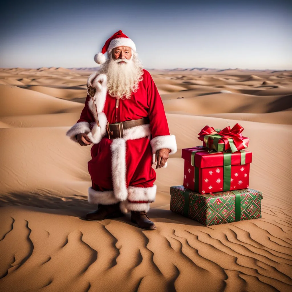 Santa Claus delivering presents in the Gobi Desert