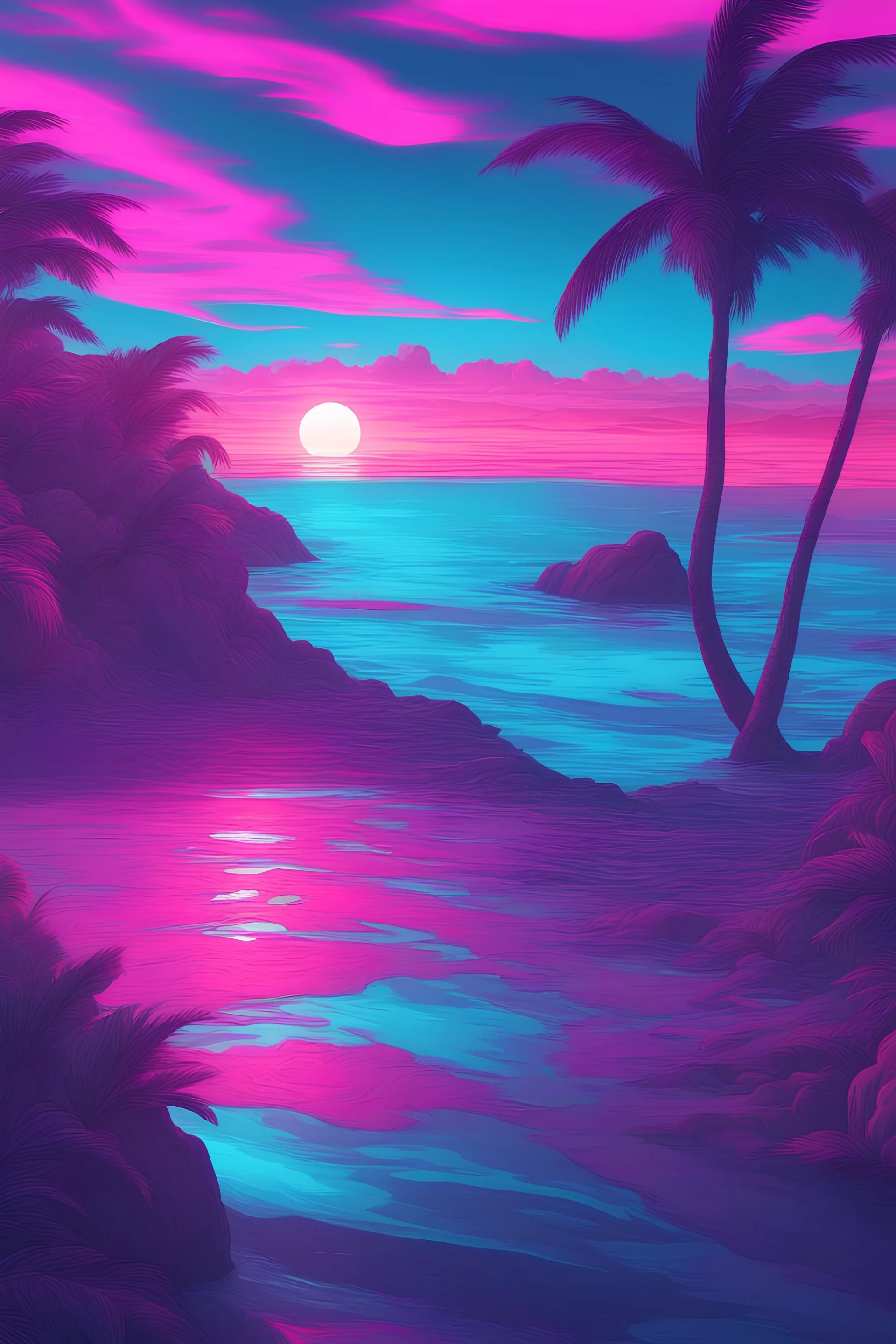 Neon, Paradise, Cyan, Pink, Purple, Blue, Sunset, Waves, Highly Detailed 8K