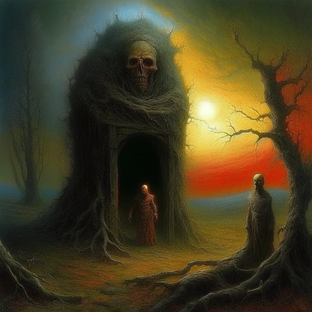 High concept art, horror movie aesthetic, by Zdzislaw Beksinski and Gabriel Pacheco, fine matte oil painting, in an empty field guarding a surreal standalone wooden doorway revealing a portal of brilliant light is a fearsome minitour holding an axe who has a television set on his head broadcasting a picture of a bull head, sinister, concept art, oddball masterpiece, sfumato, complex contrast,