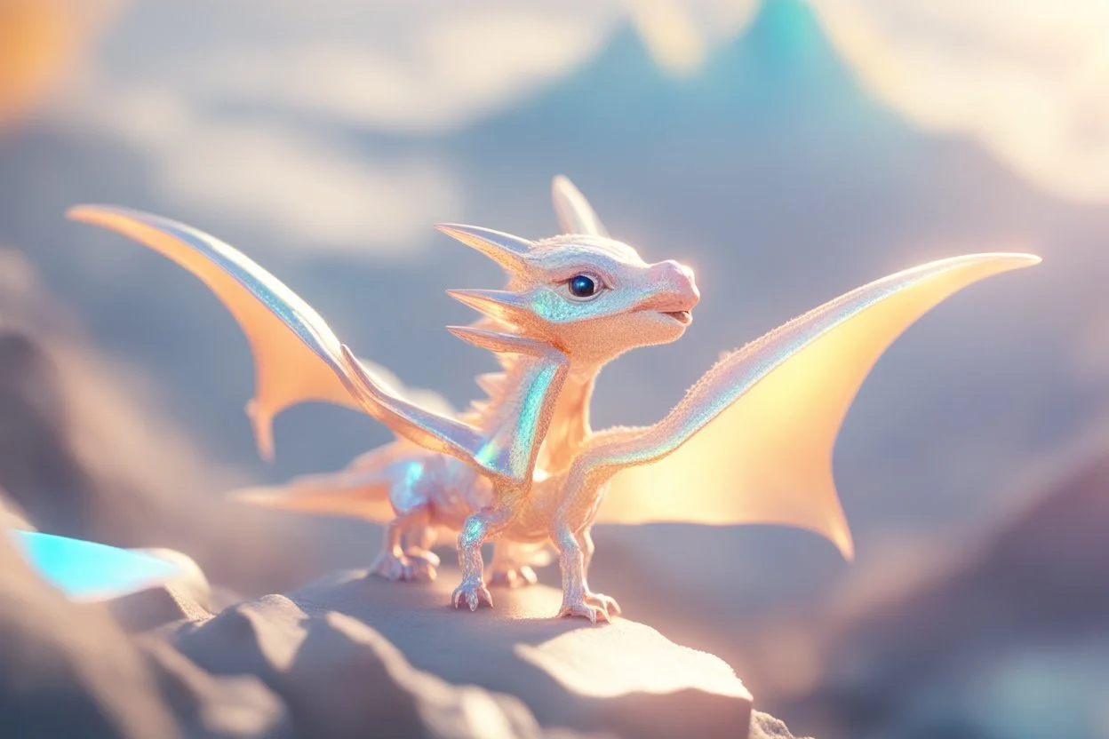 cute chibi anime little dragon, holographic, transparent sparkling crystal mountains in sunshine, ethereal, cinematic postprocessing, bokeh, dof