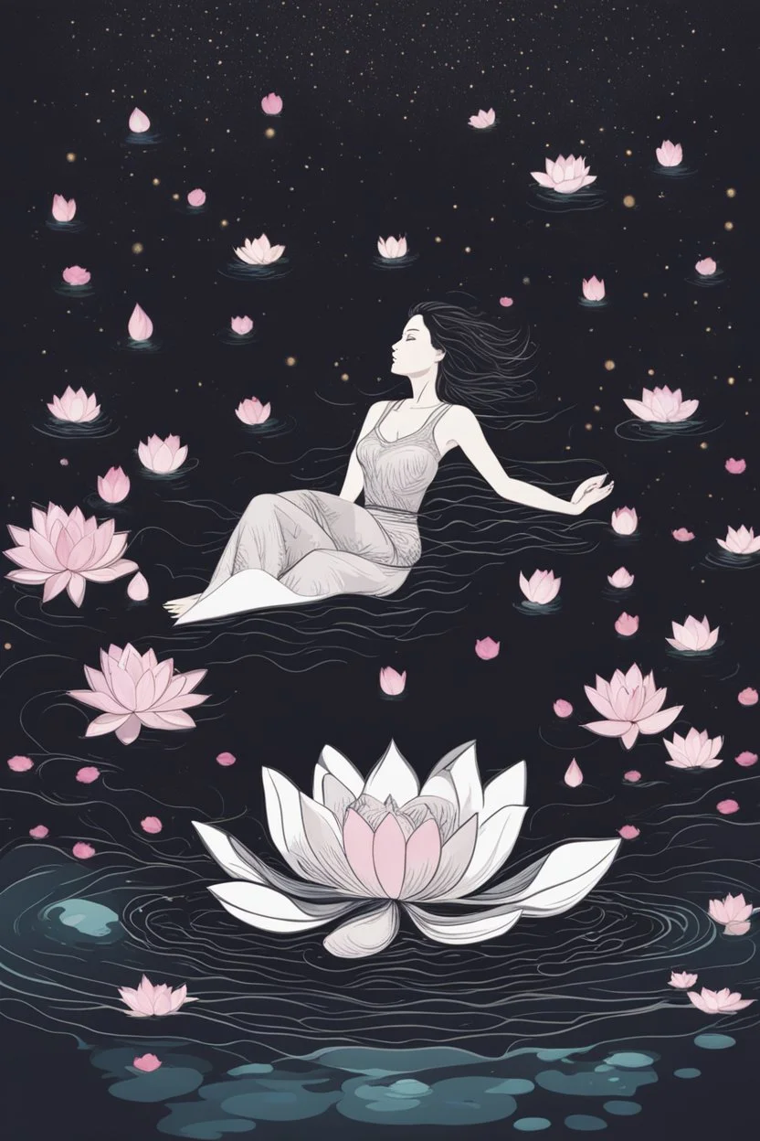 woman floating in water, top view, night time, lotus floating in water, freedom, bust up, sense of liberation