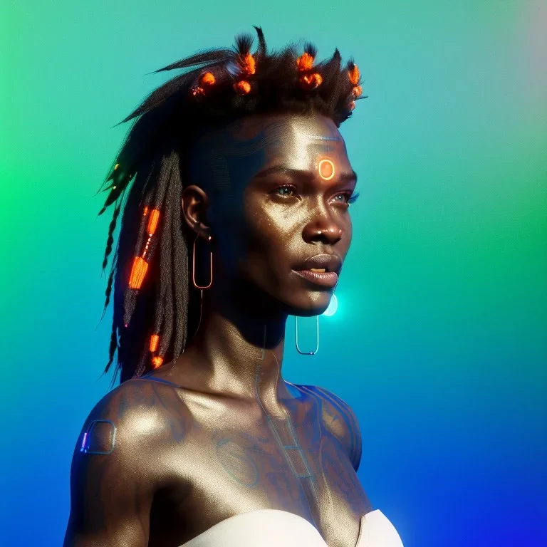 A beautiful portrait of a cyberpunk cyborg black tribal woman with lot's of grain on her skin and big tribal tatoos all over the skin, blue eyes, with natural hair floating in the wind cyborg smiling facing camera orange color scheme, high key lighting, volumetric light high details with white stripes and feathers unreal 5, octane render, cinema4d, dynamic lighting, dramatic lighting, 4k, redshift render, highly detailed, hyper realistic