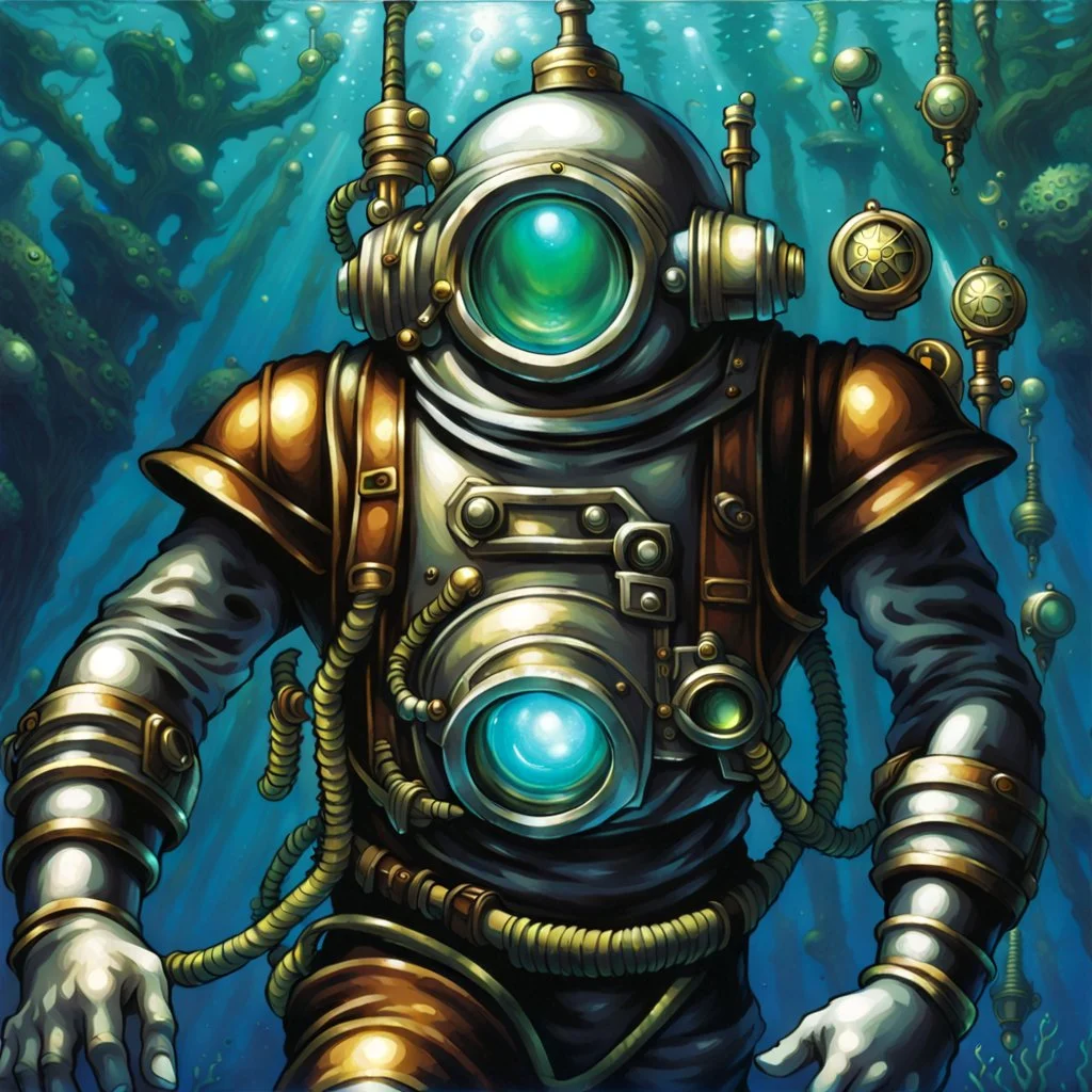 90's tcg art silver steampunk male diver with glowing helmet underwater