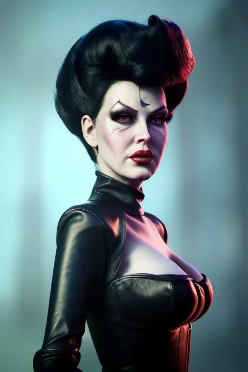 Lana Turner as evil queen in black leather, leather, busty, cleavage, angry, stern look. character design by cory loftis, fenghua zhong, ryohei hase, ismail inceoglu and ruan jia. unreal engine 5, artistic lighting, highly detailed, photorealistic, fantasy