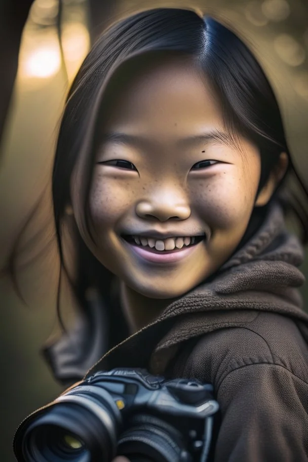 portrait of an asian girl 11 years old, smiling, outdoors, dslr camera, cinematic photography, epic angle, dark colour tone, hyper-realistic