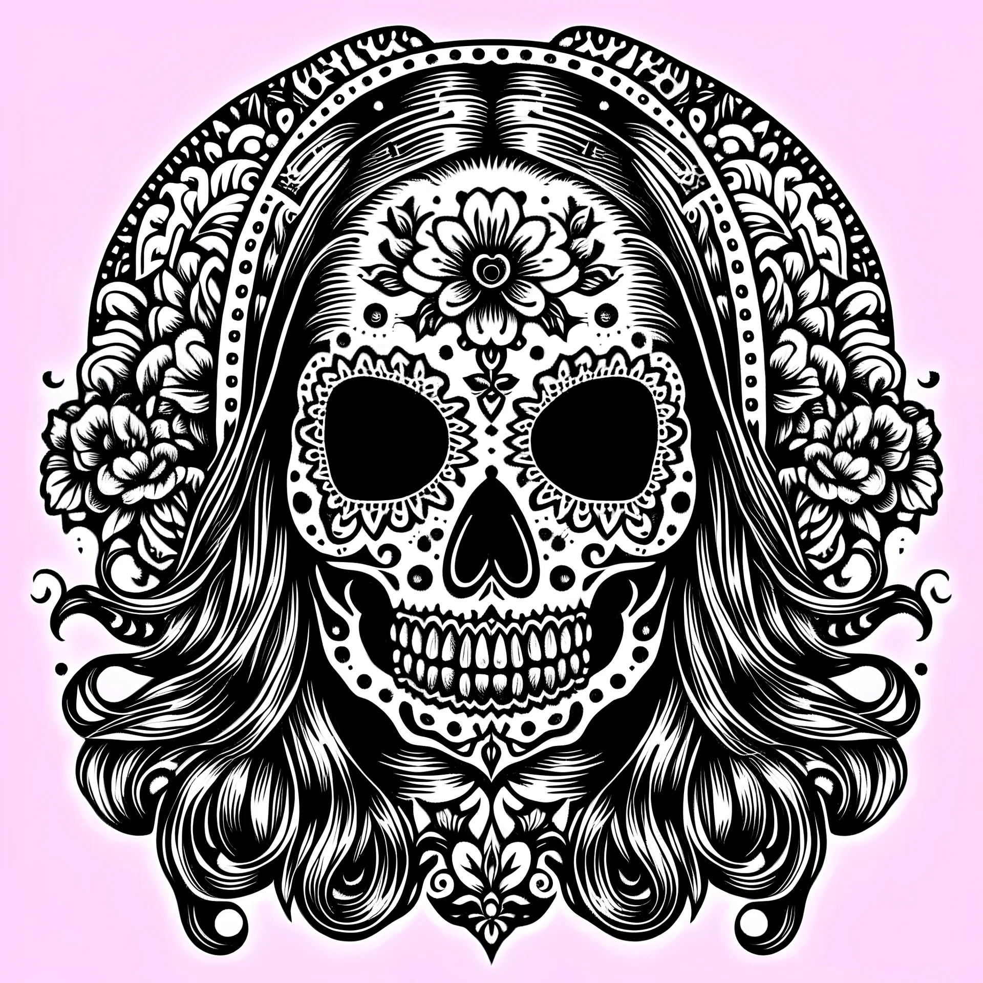 A simple black and white line of dia de muerte in old school tattoo style