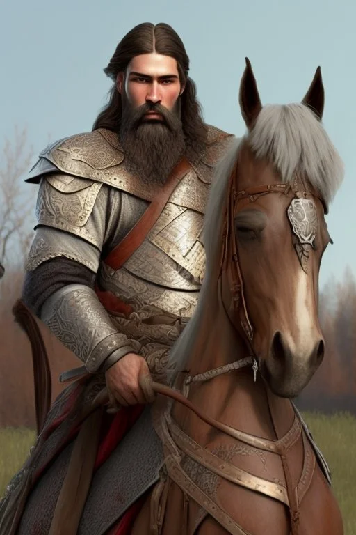 Ilya Muromets Slavic type of face with gray okladisty beard sits on a horse, he looks into the distance, with a spear in his hand, on his belt hangs a sword. in his other hand he has a shield, which depicts the coat of arms of Russia. Back background of Russian nature. On the side is a border post of Russia.