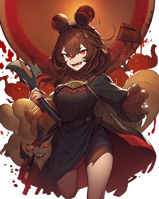 Black girl, brown hair and freckles on her cheeks, red eyes, has sharp teeth, wears a male battle outfit, has a large axe, hair covers one of her eyes, she is tall and strong