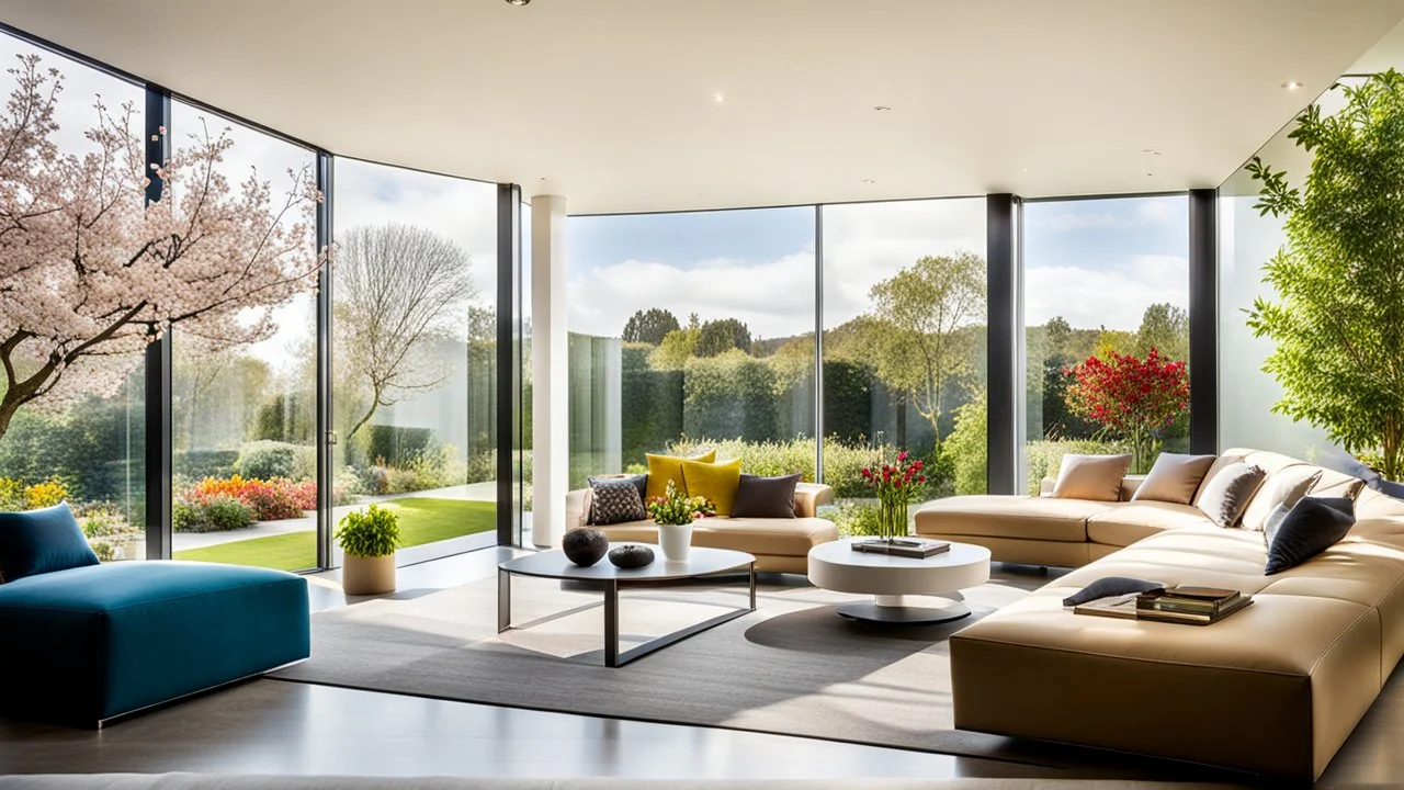 Beautiful modern luxurious minimal domestic living room, floor-to-ceiling windows look out onto attractive flower gardens and fruit trees. Room is light, comfortable, peaceful, welcoming and tasteful. The home was recently the winner of a national architecture award. Afternoon, springtime, blue sky with some high cloud.