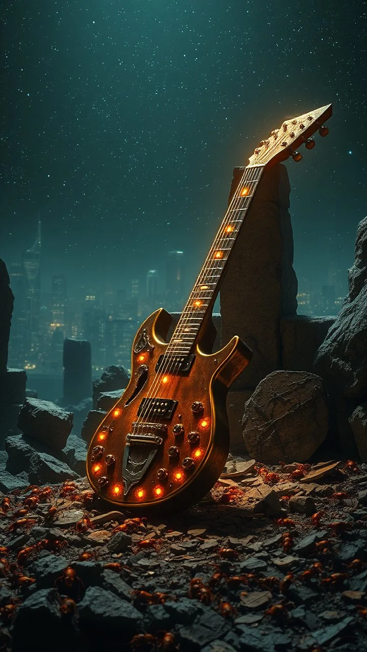 "ancient glowing metallic electrical guitar on a ruined altar, surrounded by tiny insect runes and chitin shards, starry sky of a city background, dramatic spotlight, 16:9, high detail, no humans."