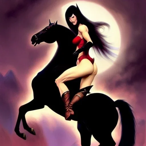 ultra detailed portrait of beautiful Vampirella Riding a black horse,wearing plate armor, extremely detailed digital painting, in the style of FRANK FRAZETTA and Earl Norem and fenghua zhong and ruan jia and jeremy lipking and peter mohrbacher, mystical colors, rim light, beautiful lighting, 8 k, stunning scene, raytracing