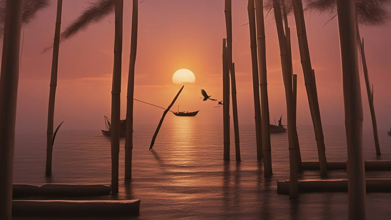 Large birds fly between long, fragile bamboo pillars that support dilapidated cabins in uncertain balance, over a calm sea where small fishing boats work, in an atmosphere of reddish sunset