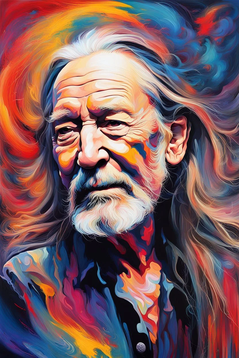 captivating conceptual painting of the iconic rock star, Willie Nelson, rendered in a vibrant and abstract art style. The background is a swirling, chaotic mix of artistic strokes that evoke a sense of rebellion and energy. The overall composition is a celebration of creativity, movement, and the essence of rock 'n' roll., vibrant, painting, conceptual art