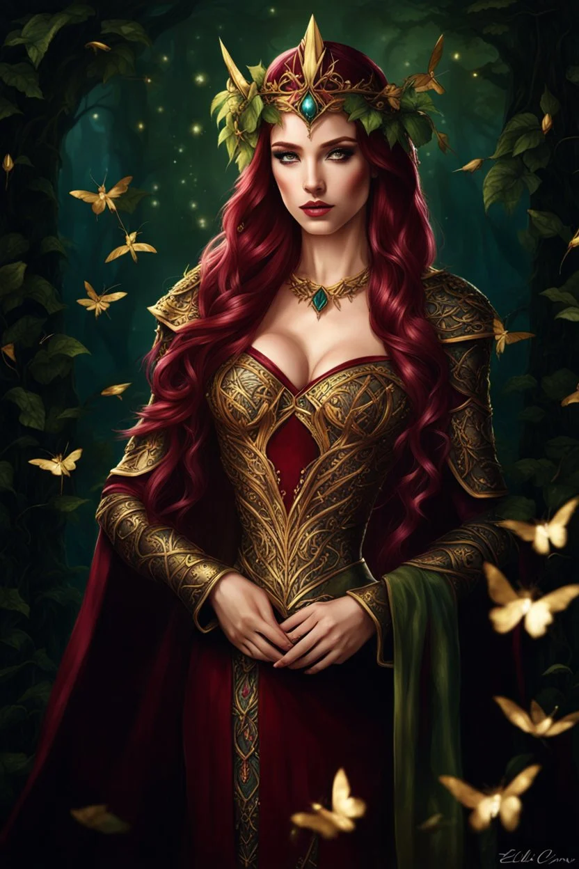 Burgundy hair, dark hair,dark red , rapunzel hair,very long hair,dark fairy princess,elven crown,night,dragonflies,beautiful,ong ashes,golden armor ,sparkle,night blooming,ivy,dark green,lilly of valley,golden elven crown,elven warrior,dark gold armor,extremely long hair