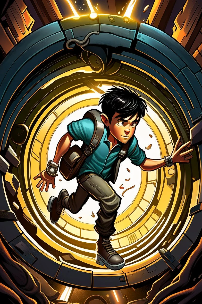 gimme a book cover photo which a boy 11 year old with dark hair has the timex stopped watch on wrist and he is jumping into a portal