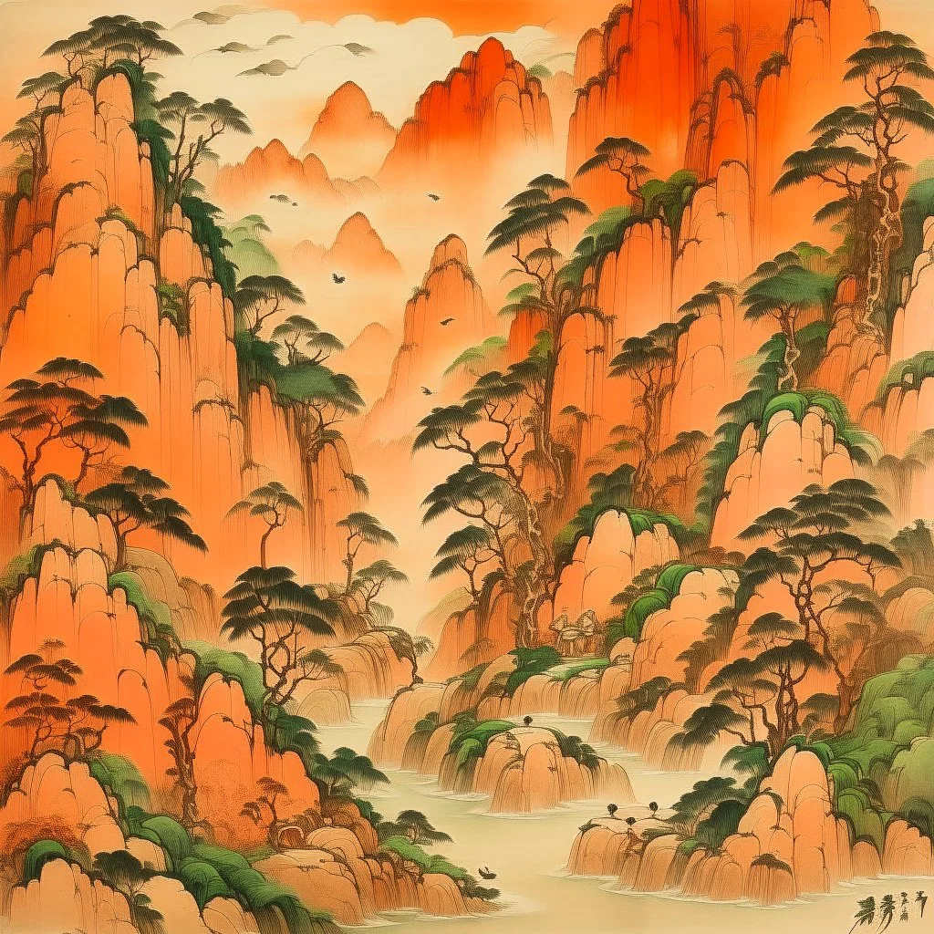 A light rosy orange colored oriental gorge with pandas designed in Chinese paper art painted by Zhang Lu