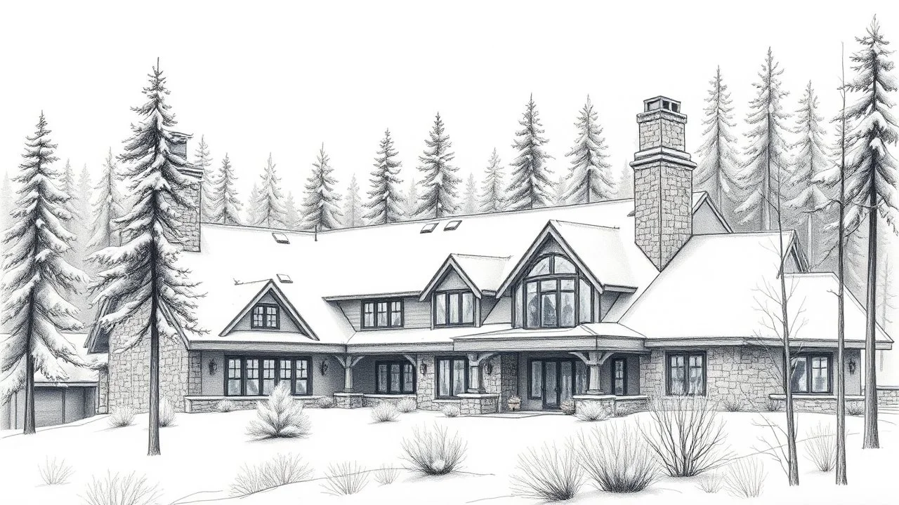 residencia de invierno con grandes chimeneas de piedra y techos planos que se extienden hacia el horizonte nevado integrándose con los pinos circundantes dibujo a lápiz con lavados de acuarela azul y gris muy sutiles
