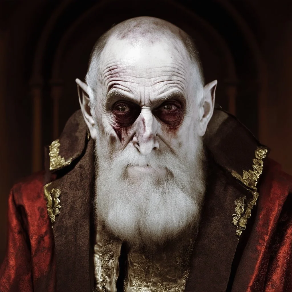very grainy discolored modern photo, closeup portrait, dark ancient hall with no lights, grunge, extremely old male with chalk-white skin wearing old dashing and opulent gilded clothes, threatening, imposing, nosferatu