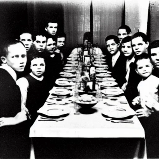 Creepy old photo of minecraft people sitting at dinner with weird children