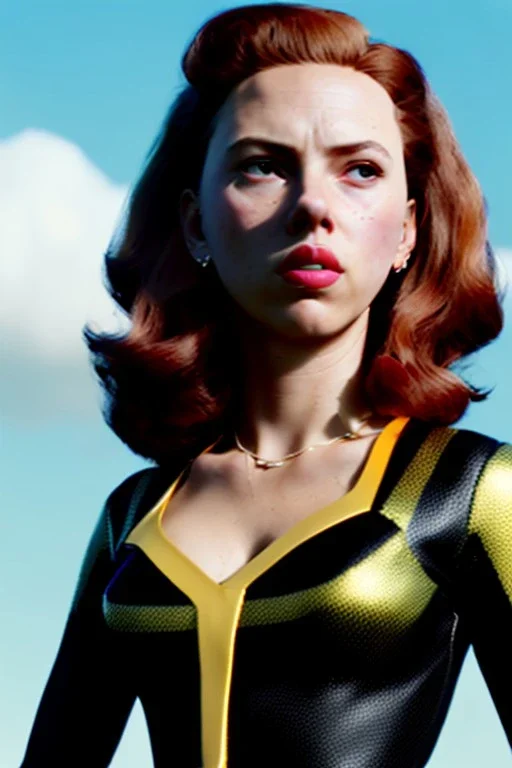 retro portrait image from 1960, sky background, wind, long red hair, fighting stance, sweet young Scarlett Johansson, black dress, classic long tight lycra black suit, gold bracelet and belt, high heel boots, superhero style, black widow, soft color, highly detailed, unreal engine 5, ray tracing, RTX, lumen lighting, ultra detail, volumetric lighting, 3d, finely drawn, high definition, high resolution.