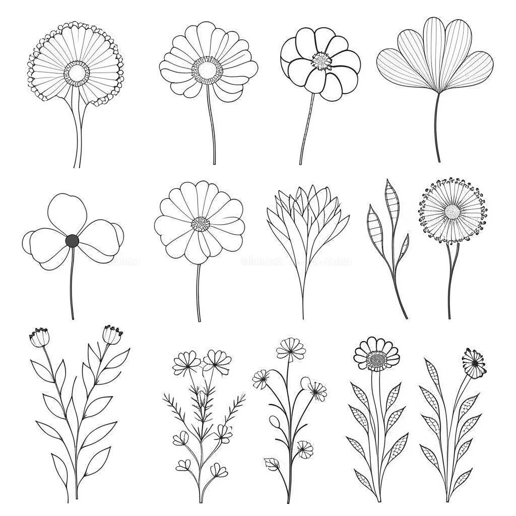 set of grow wind flower bouqute, SIMPLE ONE lineS art, white background, minimalis, different view, only white bakcground solid.