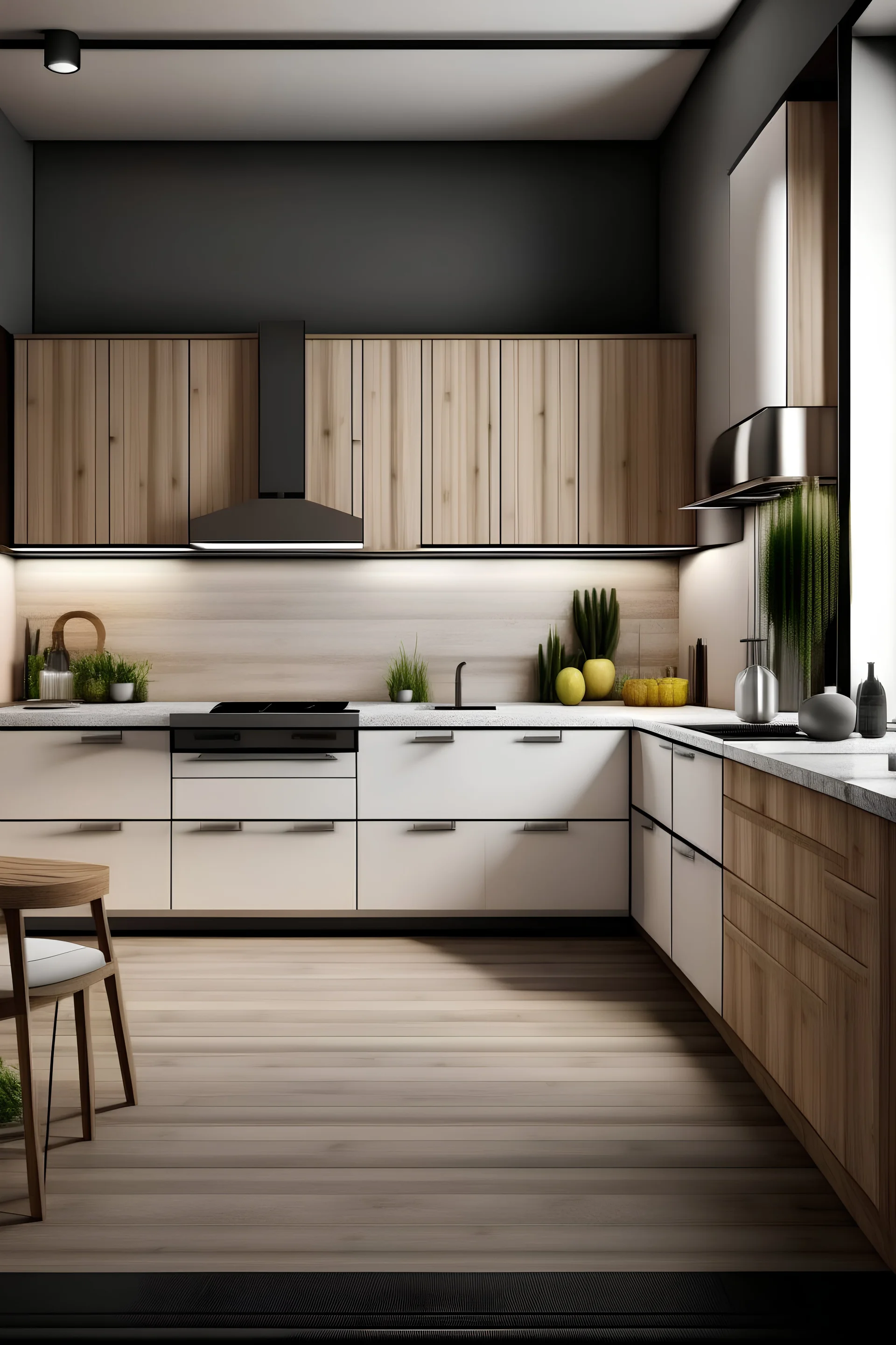 a kitchen with white and wooden texture mdf cabinets