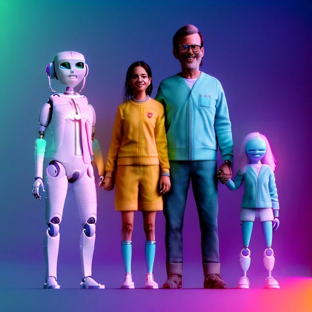 Ultra Realistic home family portrait. father. mother, daughter. alien pet. assistant robot. retro futuristic scene, wes Anderson style. smile, happy, gradient color fog. highly detailed, concept art, unreal engine 5, ray tracing, RTX, lumen lighting, ultra detail, volumetric lighting, 3d, finely drawn, high definition, high resolution.