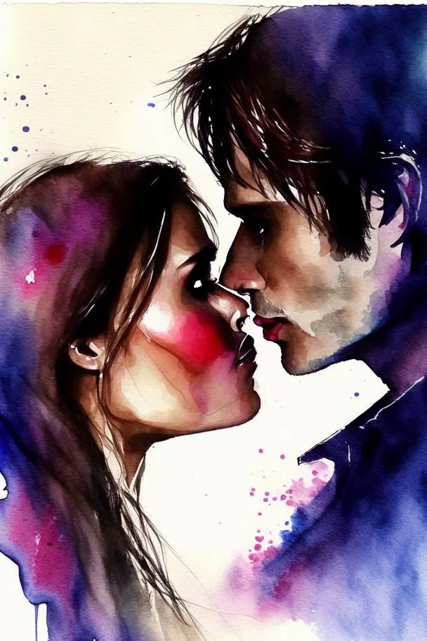 watercolor The Vampire Diaries Damon and Elena kiss clipart dark background