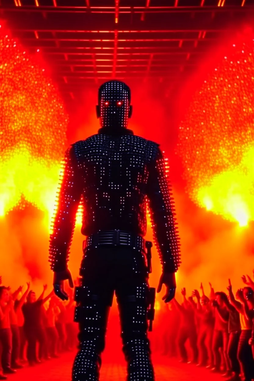 4K realistic, Terminator crowd at a rammstein concert, Till Lindemans back on stage, back, arms spread and on fire, flames everywhere.